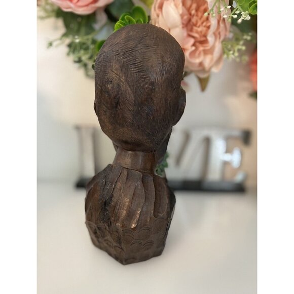 Vintage 1960s Tribal Man Hand Carved African Male Exotic Wood 8" Head Bust Stump - Picture 12 of 16